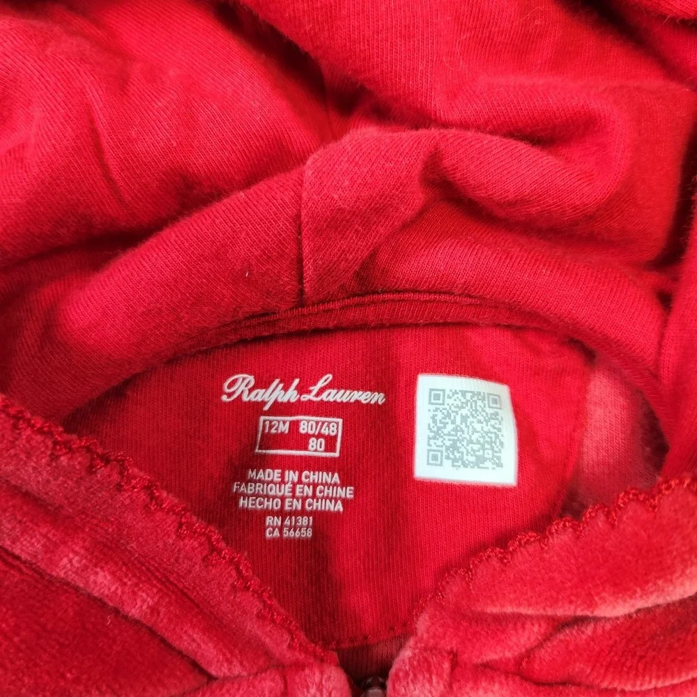 Ralph Lauren Track Suit Baby 12 Months Red Velour Hoodie Full Zip Joggers Infant